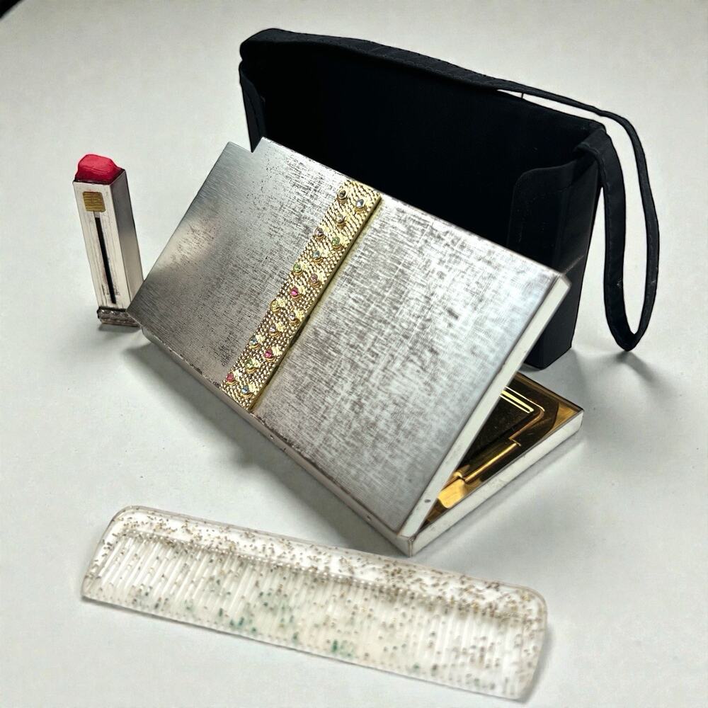 Vintage Volupté Compact Purse Minaudiere Rhinestone Lipstick Comb 1950’s